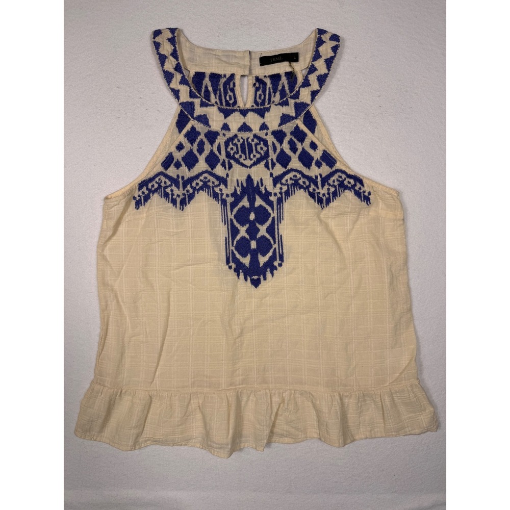 THML Halter Top Women Large Cream Blue‎ Embroidered Ruffle Hem Cotton TM2479